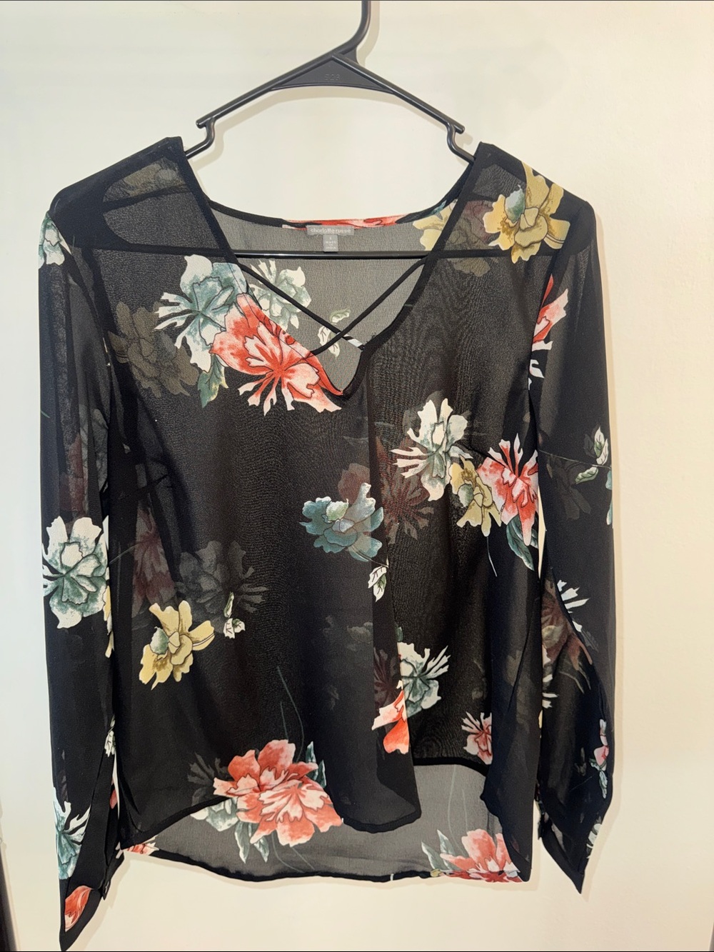 Floral Sheer Long-Sleeve V-Neck Top - Black